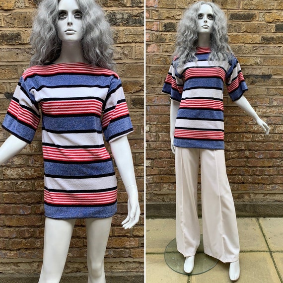 1970s Terry towelling top / beach / striped / Unisex … - Gem