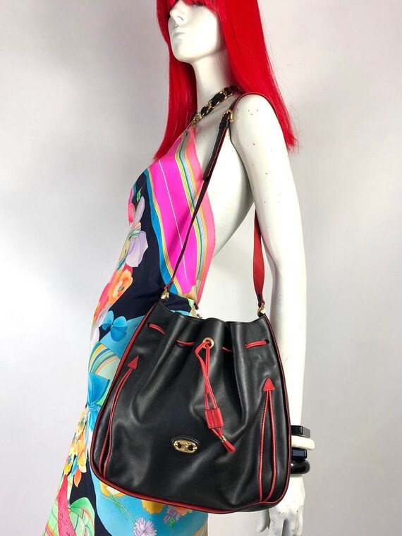 Vintage CELINE Paris Black & Red Leather Drawstrin