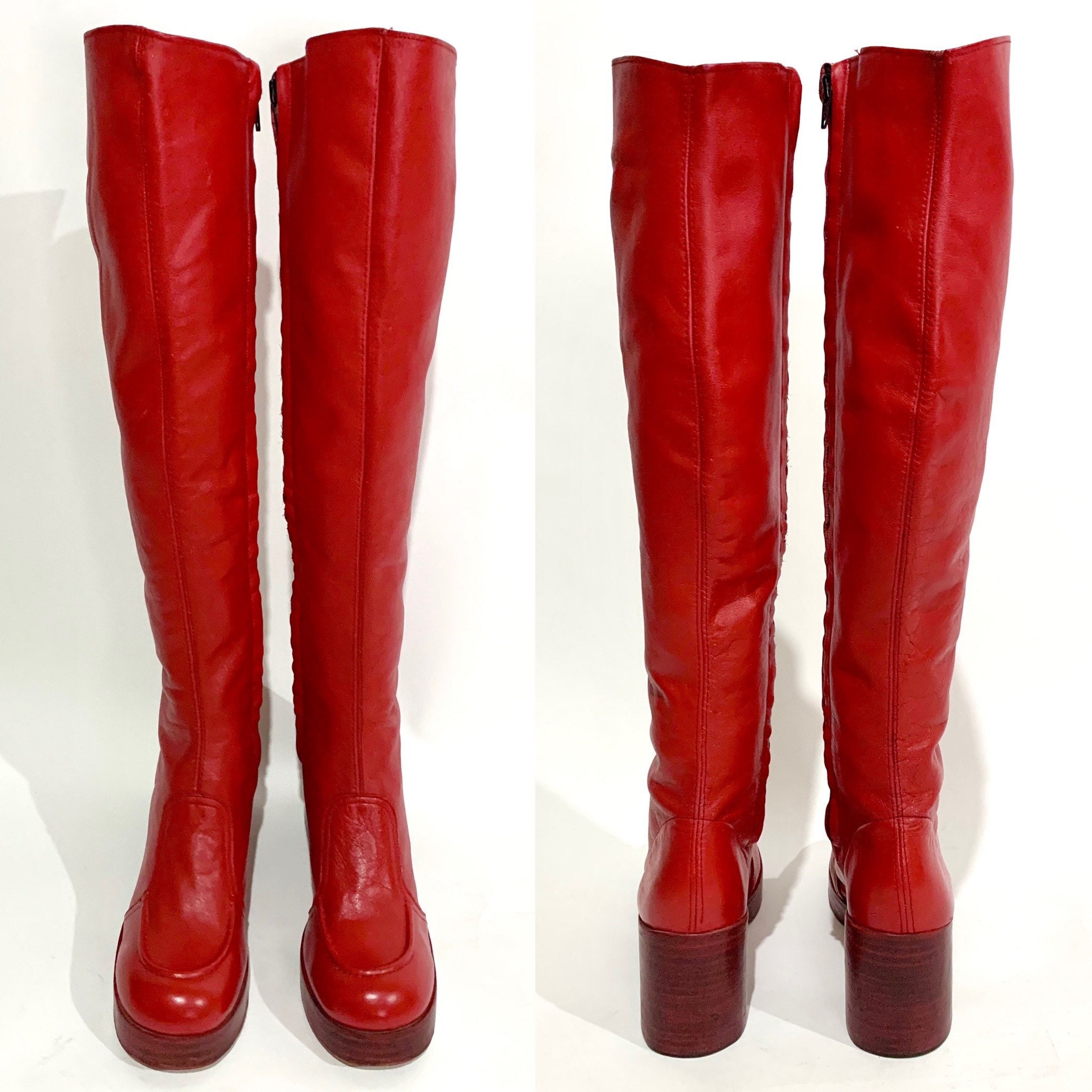 Vintage 1970s LIPSTICK Red Tall Leather Chunky PLATFORM