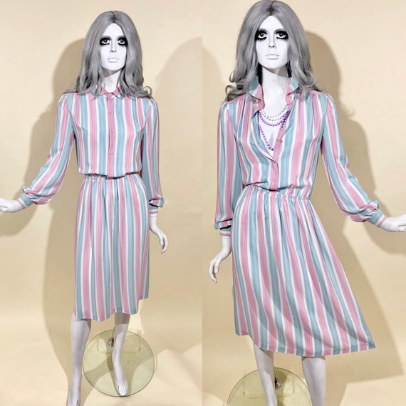 Vintage 1970s 80s Pastel Candy Stripe Silk Dress … - image 1
