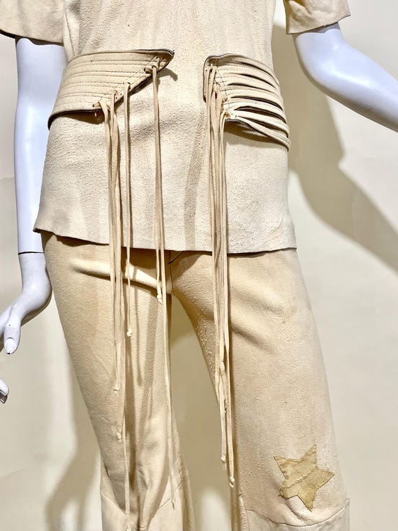 Vintage 1960s 70s CORDOBA Boutique Buckskin Suede Flared Suit / Belt Tunic & Kick Flares / Worn-in Posh Hippie / Star Patches / Unisex View 5