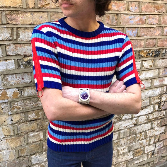 Vintage 60s 1970s rib knit striped top // Ring Zip