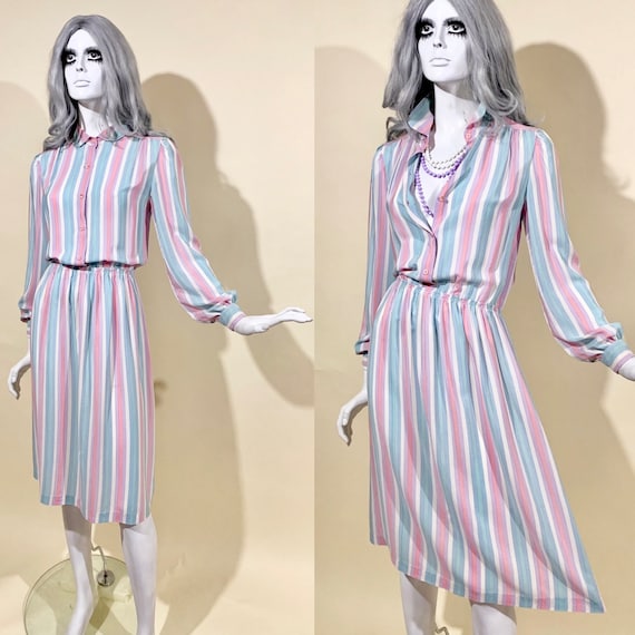 Vintage 1970s 80s Pastel Candy Stripe Silk Dress … - image 2