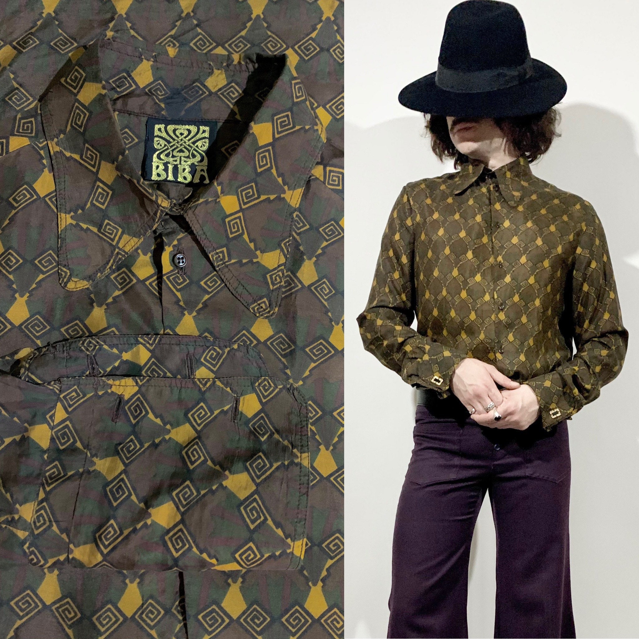 Vintage 1960s 70s Silk BIBA Shirt // Art Deco // Geo