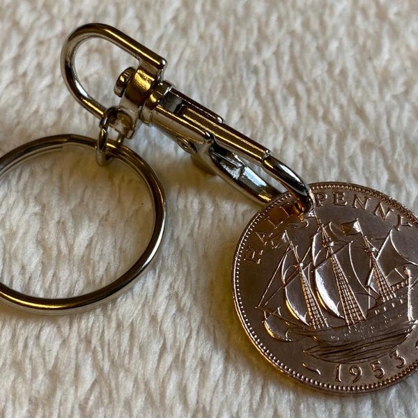 1953 To 1967 GB UK Halfpenny Coin Keyring Chose Your Year Availability In Description Birthday Birth Year Mam Dad Grandma Grandad Gift