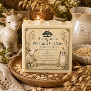Puede incluir: Una pastilla rectangular de jabón de leche de cabra Mystic Acres de color crema. La etiqueta muestra una ilustración de una cabra, un árbol y una lista de ingredientes que incluye leche de cabra, sebo y manteca de karité, con 142 g de peso.