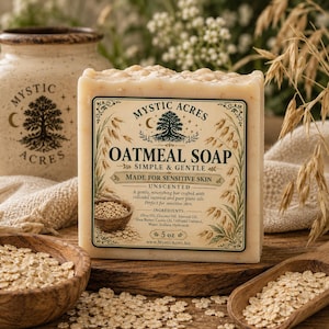 Puede incluir: Una pastilla de jabón de avena rectangular con una etiqueta beige que presenta el texto Mystic Acres Oatmeal Soap, Simple & Gentle, Made for Sensitive Skin, Unscented y 5 oz. La etiqueta incluye ilustraciones de tallos de avena y un árbol.