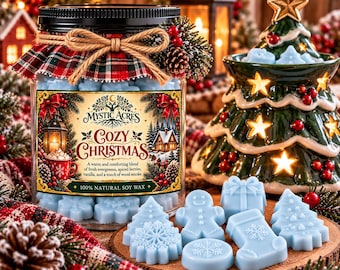 Puede incluir: Un frasco transparente lleno de ceras aromáticas azul claro con formas navideñas, cubierto con una tapa de tela a cuadros y cordel. La etiqueta dice Mystic Acres Cozy Christmas. Al lado hay un árbol de Navidad de cerámica iluminado.