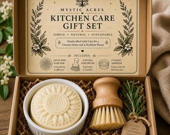 Kitchen Care Gift Set – Solid Dish Soap, Natural Brush, Ceramic Ramekin - Zero waste