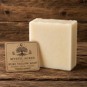Puede incluir: Un bloque rectangular de jabón de sebo color blanco hueso junto a una etiqueta de madera cuadrada con una ilustración de un árbol y el texto: MYSTIC ACRES PURE TALLOW SOAP NOURISH SIMPLE NATURAL. El jabón tiene una superficie lisa, sólida y mate.