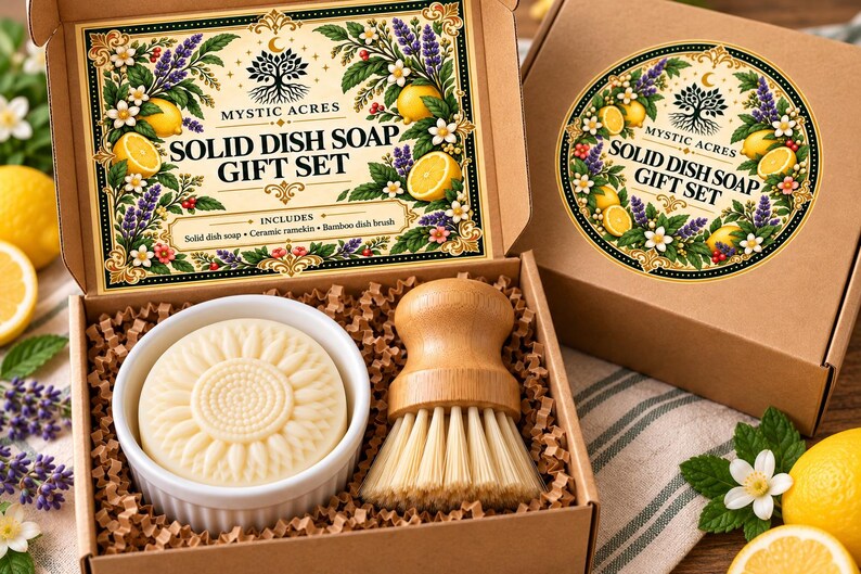 Solid Dish Soap Gift Set - With Ceramic Ramekin & Bamboo Dish Brush ...