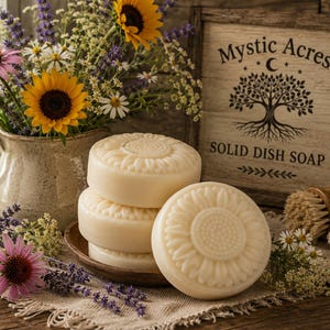 Pode incluir: Uma pilha de três barras de sabão sólido para louça, redondas e de cor esbranquiçada, com um padrão de girassol em relevo, acompanhadas por uma barra individual à frente. Uma placa de madeira diz Mystic Acres SOLID DISH SOAP, junto a um jarro.