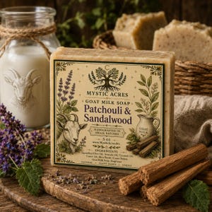 Könnte beinhalten: Ein rechteckiges Stück Ziegenmilchseife von Mystic Acres mit einem cremefarbenen Etikett, das eine Ziege, einen Baum und einen Krug zeigt. Das Etikett trägt die Aufschrift Patchouli & Sandalwood, 5 oz, und listet Inhaltsstoffe auf. Die Seife liegt neben Holzstäbchen.