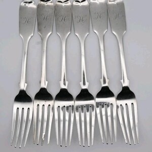 Antique victorian set of x 6 solid silver small table dessert forks exeter 268g