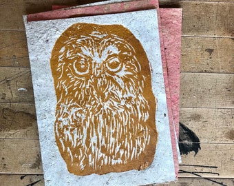 Owl Relief Print ~ 6x8” Linocut on Handmade Paper