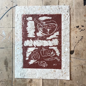 Soup Time Relief Print ~ 6x8” Linocut on Handmade Paper