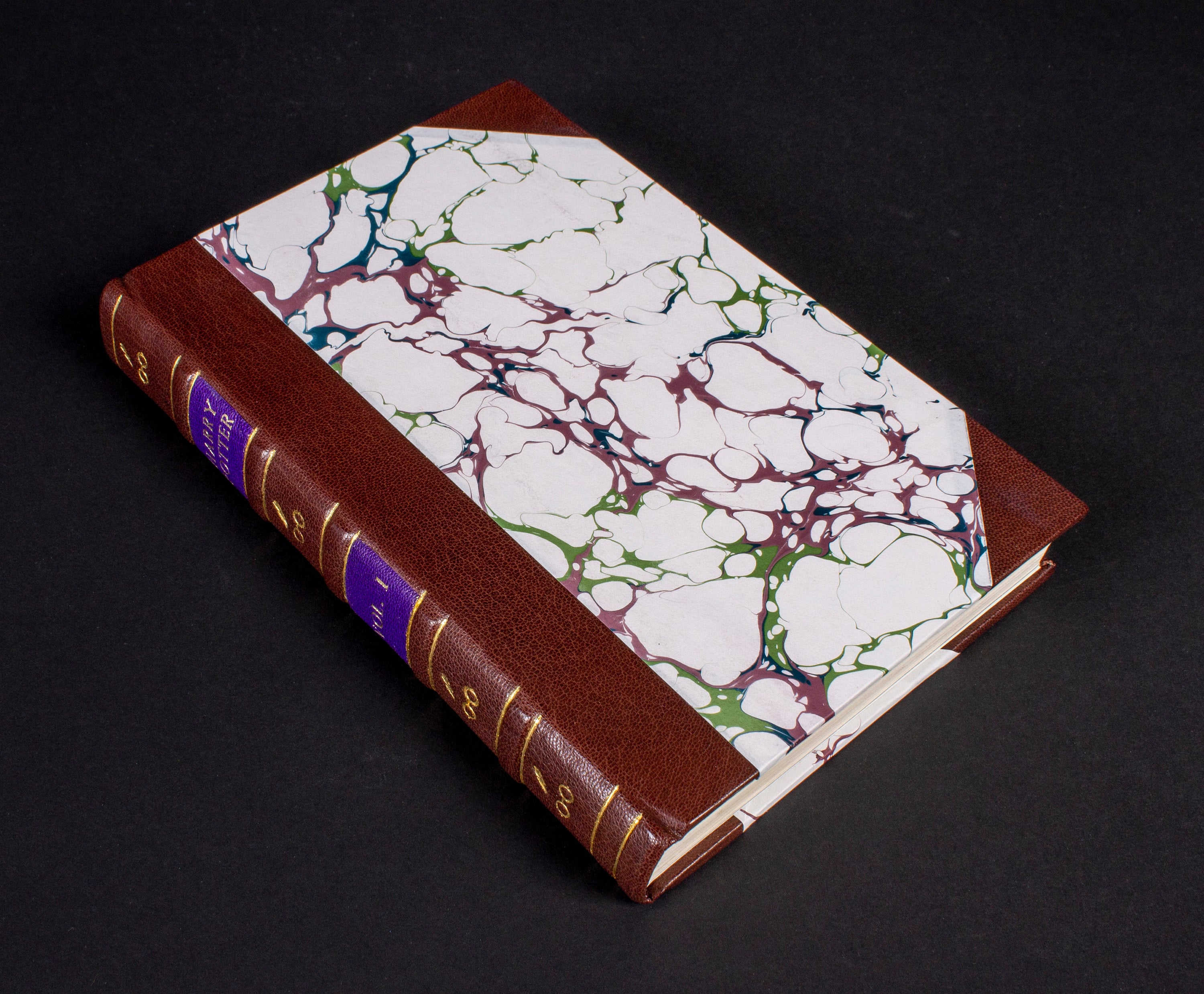 First attempt at rebinding a book (Harry Potter 1) with faux leather,  hand-sewn headbands, broad ribbon and multicolored endpapers. :  r/bookbinding