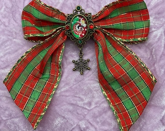 Tartan Plaid Hair Bow Clip with Ice Skating Cameo