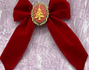Red Velvet Hair Bow Clip with Christmas Tree Brooch