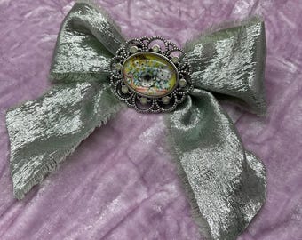Mint Green Kitten Hair Clip Bow, Frayed Ribbon Barrette