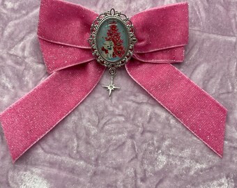 Pink Glitter Velvet Hair Bow, Christmas Kitten Cabochon