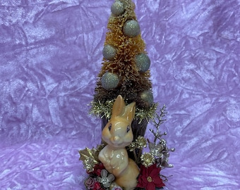 Vintage Christmas Tree with Rabbit, Retro Bottle Brush Ornament