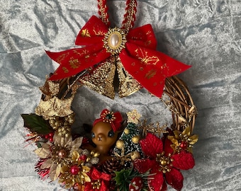 Kitsch deer vintage style Christmas wreath bells poinsettia OOAK