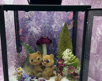 Christmas Light Up Lantern, Vintage Squirrels in Snow Scene