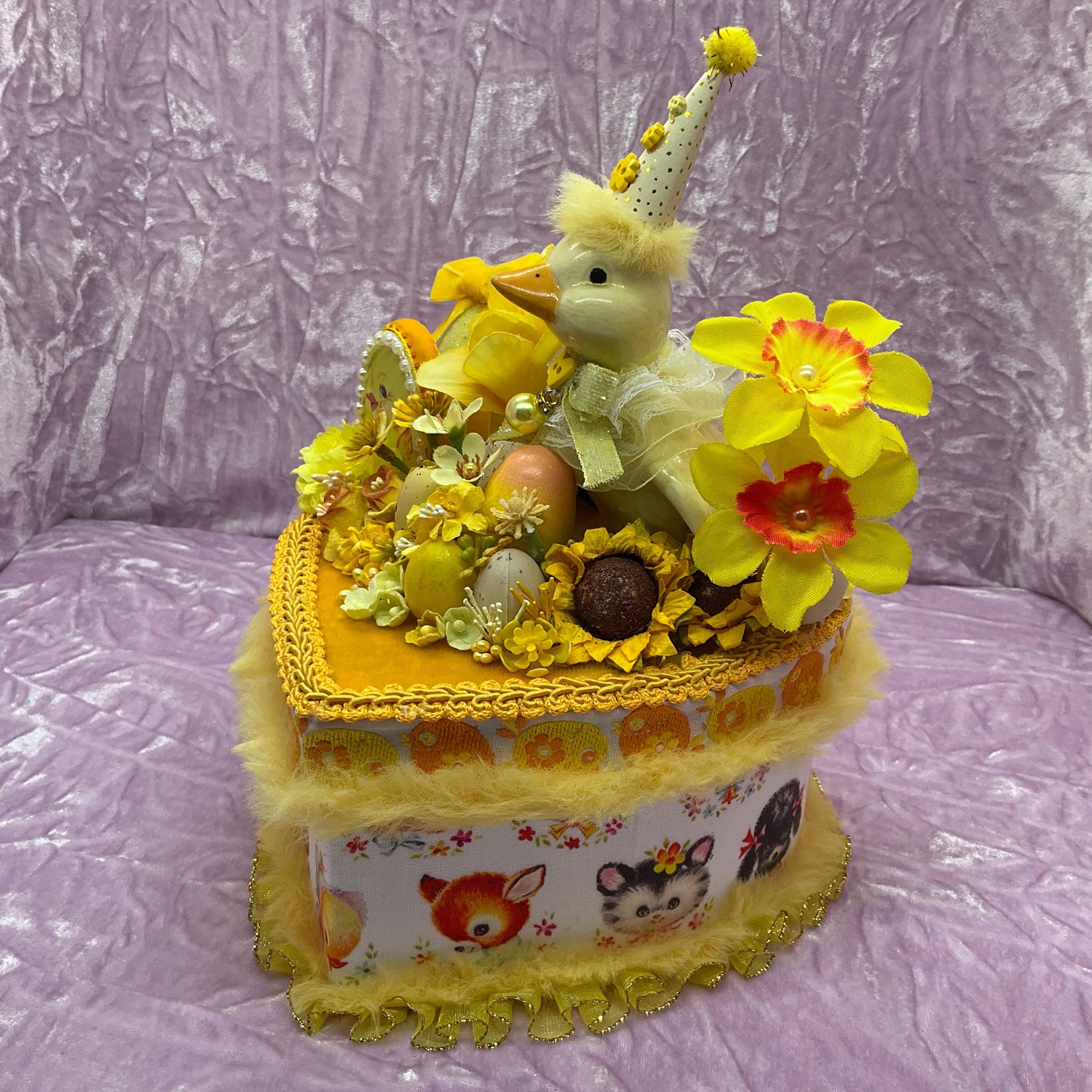 Kitsch Retro Easter Party Chick on Yellow Heart Shaped Box Assemblage ...
