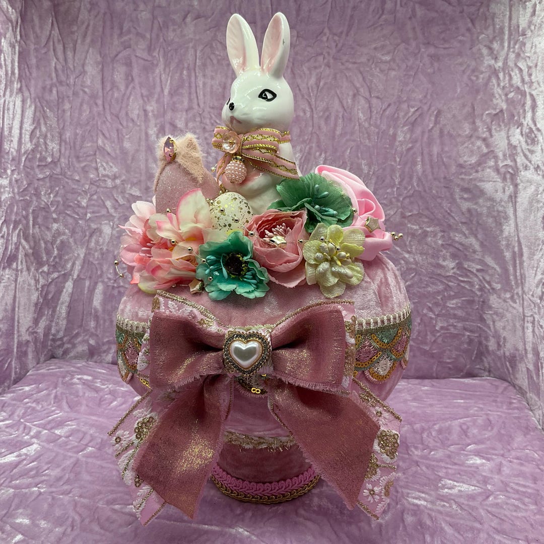 Kitsch Shiny Rabbit Kitsch Vintage Retro Ceramic Bunny Rabbit on Easter Egg With Flowers ...