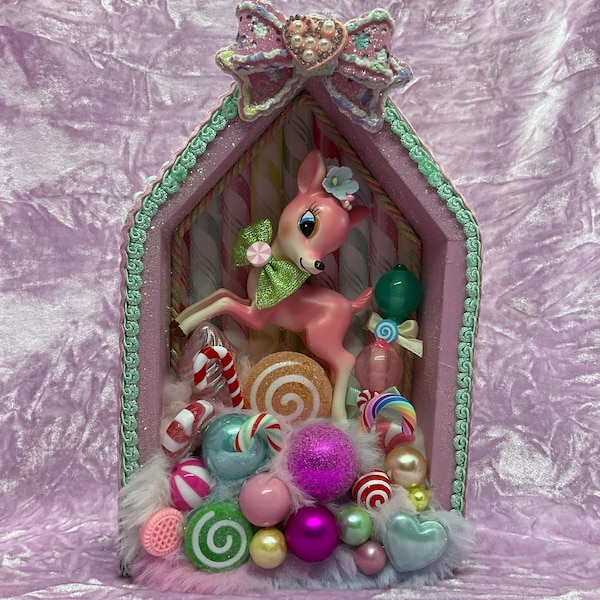 Vintage Style Christmas Deer Shadow Box - Handmade Kitsch Ornament