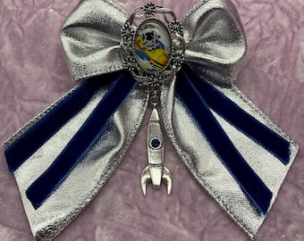 Space Kitten Hair Bow: Royal Blue & Silver Rocket Barrette