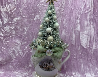 Vintage Christmas Bottle Brush Tree in Tea Cup, Snowy Scene Assemblage