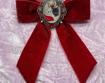 Vintage Style Red Velvet Kitten Christmas Bow Hair Clip