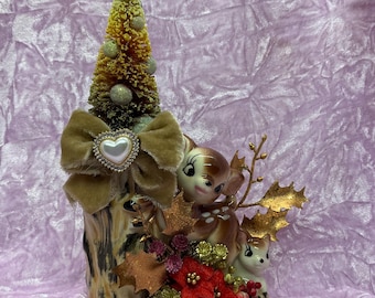 Vintage Christmas Deer Bottle Brush Tree Assemblage, Retro Kitschmas Decor