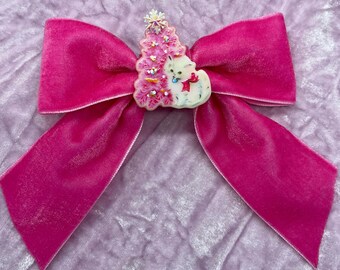 Hot Pink Velvet Christmas Cat Hair Clip Bow