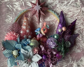 Kitsch deer vintage style Christmas wreath lilac pink blue iridescent OOAK