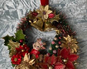 Veado kitsch estilo vintage guirlanda de Natal com glitter sinos poinsétia OOAK