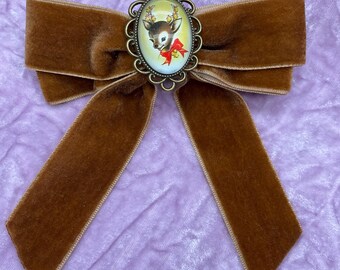 Velvet Reindeer Bow Hair Clip – Vintage Christmas Rudolf Barrette