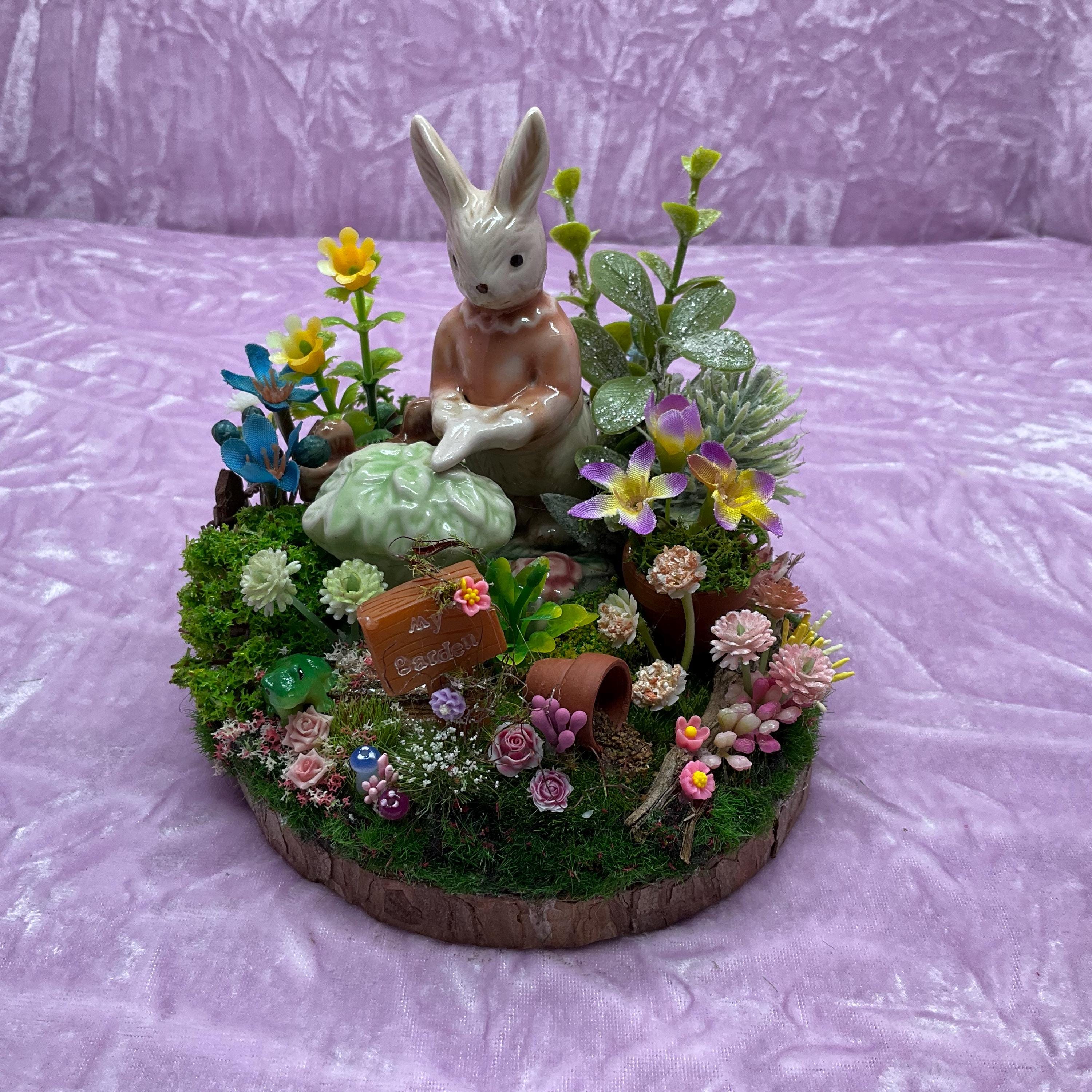 Kitsch Shiny Rabbit Kitsch Retro Gardening Bunny Rabbit Fairy Garden Wood Slice Assemblage ...