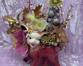 Vintage Christmas Deer Bottle Brush Tree Assemblage