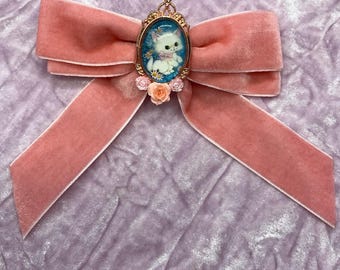Velvet Kitten Hair Bow, Pink Kitsch Barette