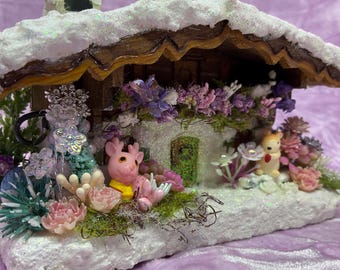 Enfeite musical de Natal kitsch vintage, diorama de cabana nevada