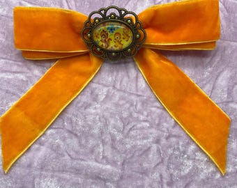 Orange Velvet Hair Bow, Chipmunk & Duckling Retro Kitsch