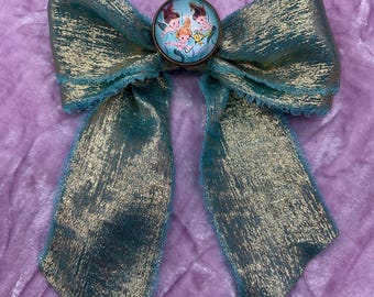 Teal & Gold Hair Bow Clip, Vintage Mermaid Brooch