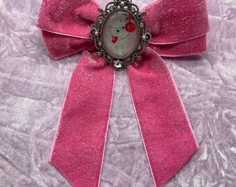 Pink Velvet Kitten Hair Bow, Sparkle Glitter Bauble Clip