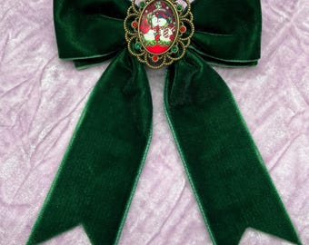 Green Velvet Christmas Hair Bow, Snowman Barrette