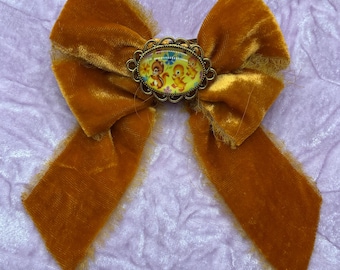 Orange Velvet Hair Bow, Duckling & Squirrel Cabochon, Kitsch Barrette