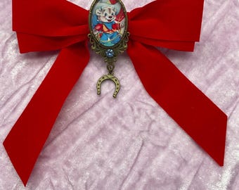 Red Velvet Hair Clip Bow with Bear Cowboy Cabochon