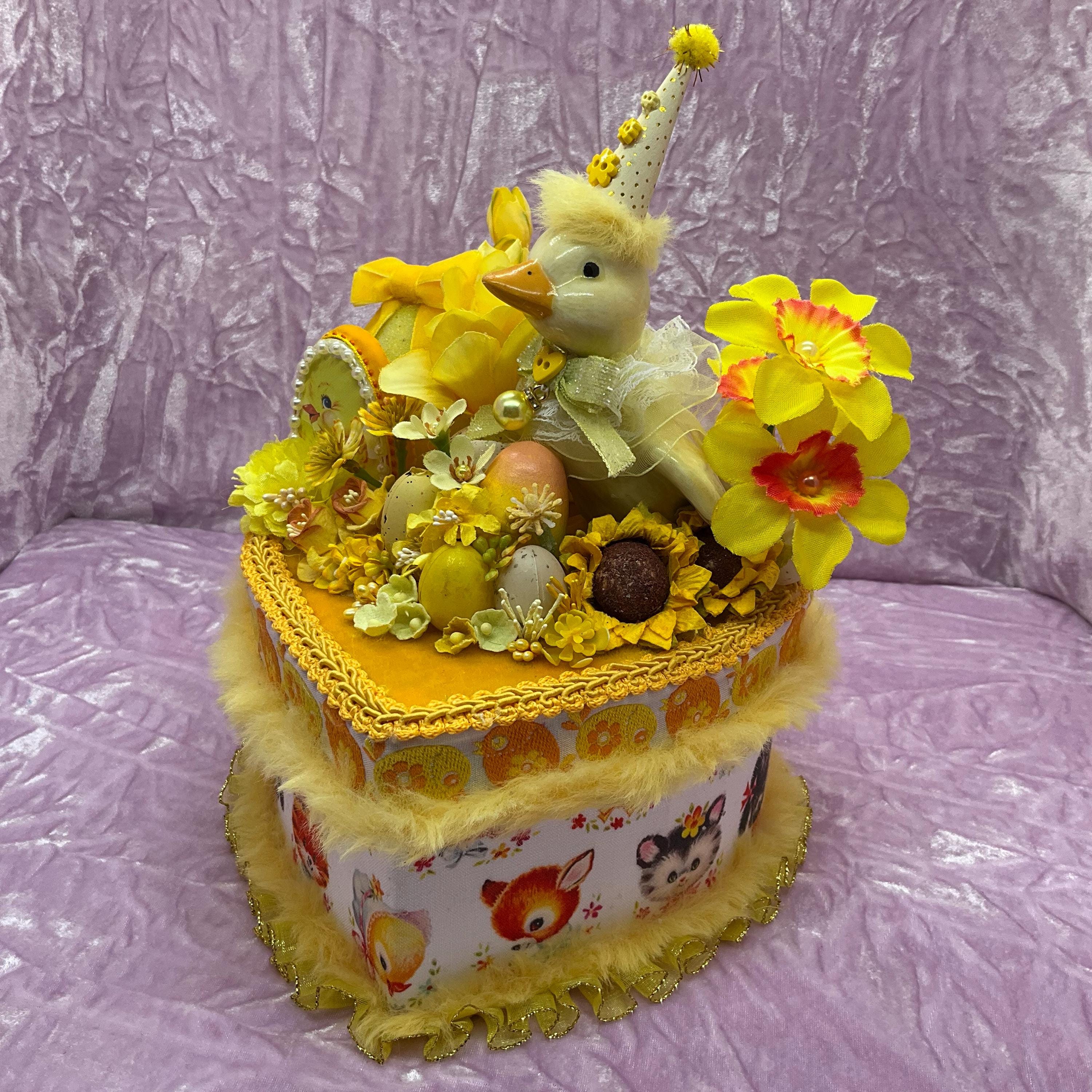 Kitsch Retro Easter Party Chick on Yellow Heart Shaped Box Assemblage ...